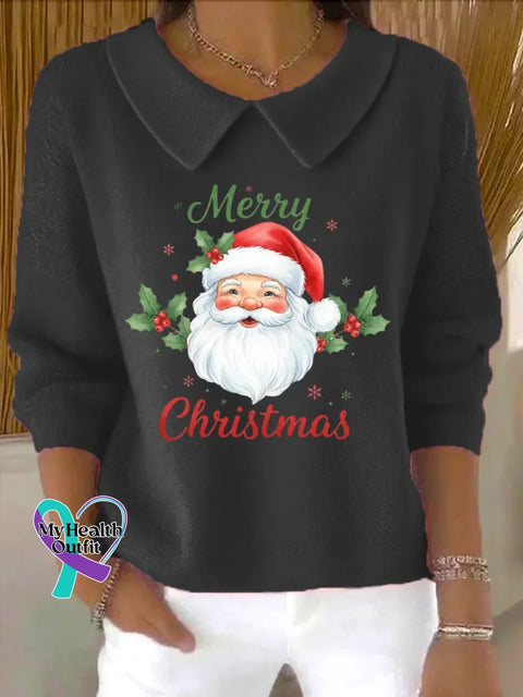 Christmas Art Print Casual Peter Pan Collar 3/4 Sleeve Sweat Black / S