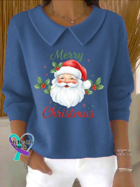 Christmas Art Print Casual Peter Pan Collar 3/4 Sleeve Sweat Blue / S