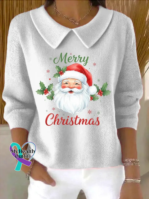Christmas Art Print Casual Peter Pan Collar 3/4 Sleeve Sweat White / S
