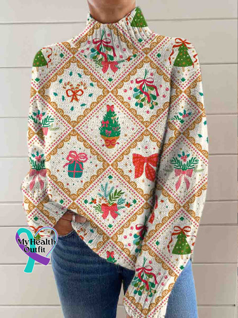 Christmas Art Print Knit Turtleneck Pullover Sweater Multicolor / S