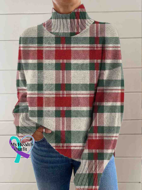 Christmas Art Print Knit Turtleneck Pullover Sweater Multicolor / S