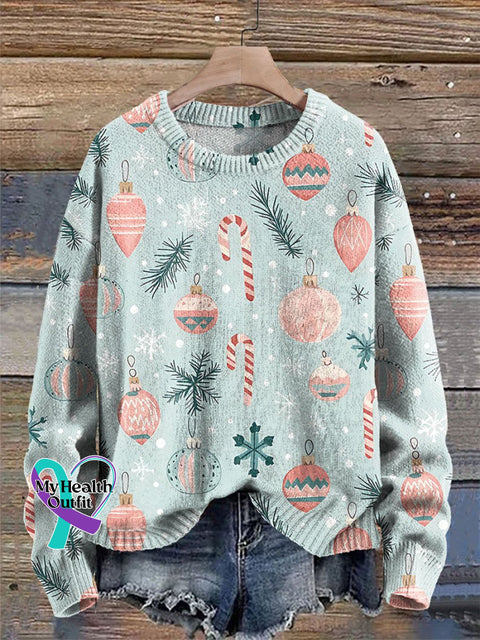 Christmas Ball Candy Cane Print Knit Pullover Sweater