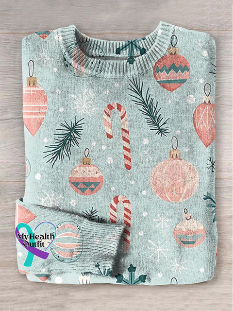 Christmas Ball Candy Cane Print Knit Pullover Sweater Multicolor / S