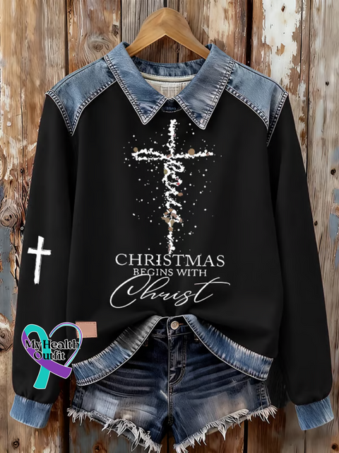 Christmas Begins with Christ Print Denim Sweatshirt Black / S