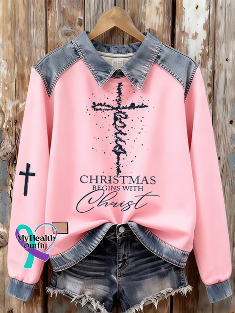 Christmas Begins with Christ Print Denim Sweatshirt Pink / S