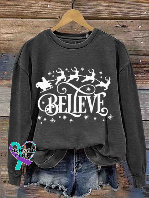 Christmas - Believe In Party Round Neck Retro Casual Printed Sweatshirt Black / S
