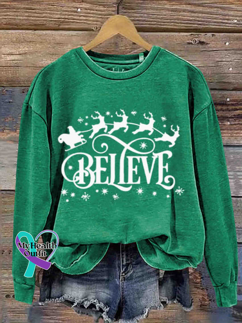 Christmas - Believe In Party Round Neck Retro Casual Printed Sweatshirt Green / S