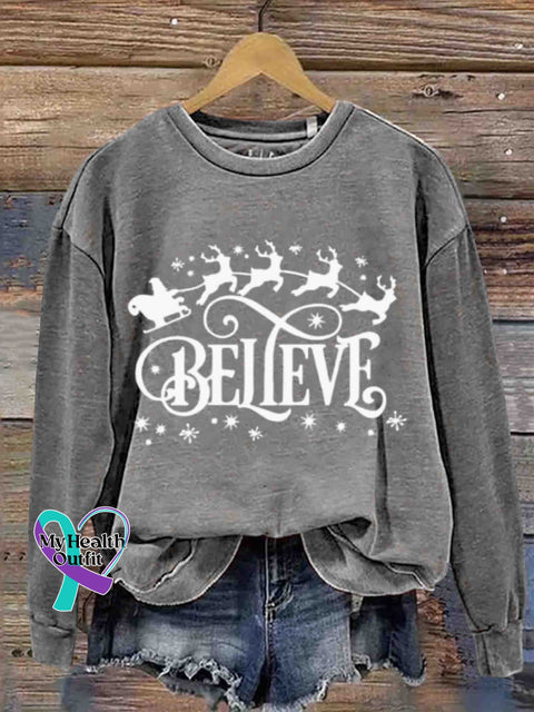 Christmas - Believe In Party Round Neck Retro Casual Printed Sweatshirt Grey / S