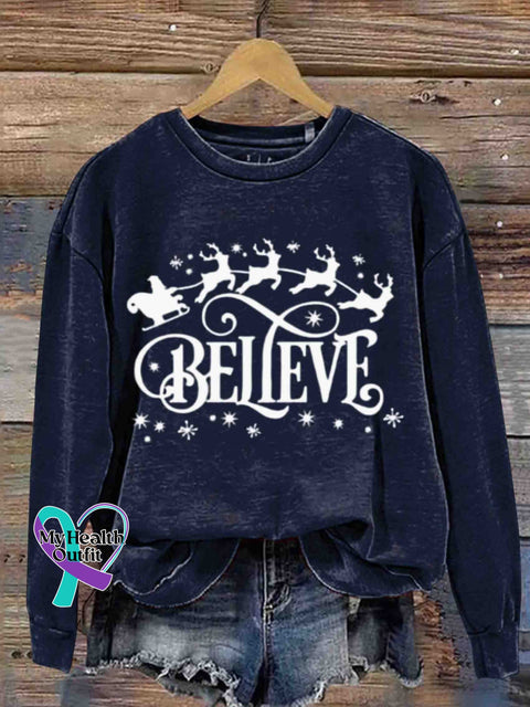 Christmas - Believe In Party Round Neck Retro Casual Printed Sweatshirt Navyblue / S