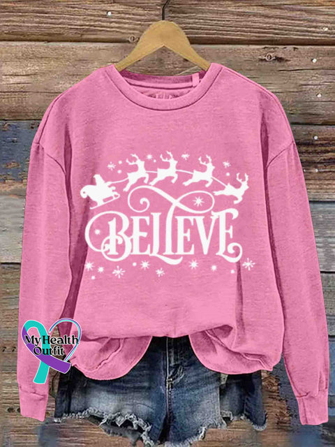 Christmas - Believe In Party Round Neck Retro Casual Printed Sweatshirt Pink / S