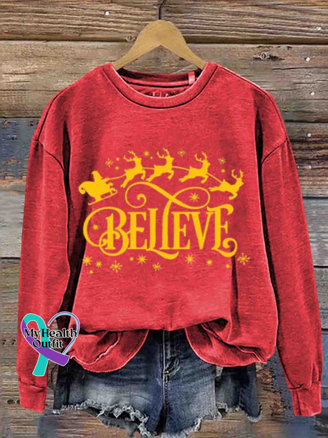 Christmas - Believe In Party Round Neck Retro Casual Printed Sweatshirt Red / S