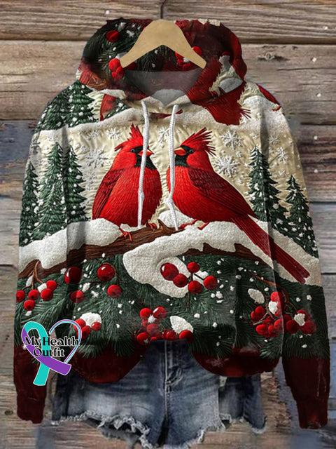 Christmas Birds Print Casual Hoodie Sweatshirt Multicolor / S