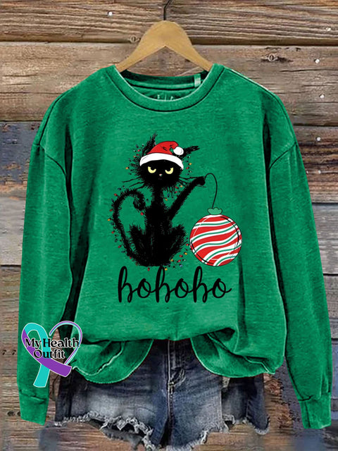 Christmas Black Cat Ho Funny Print Casual Sweatshirt Christmasgreen / S