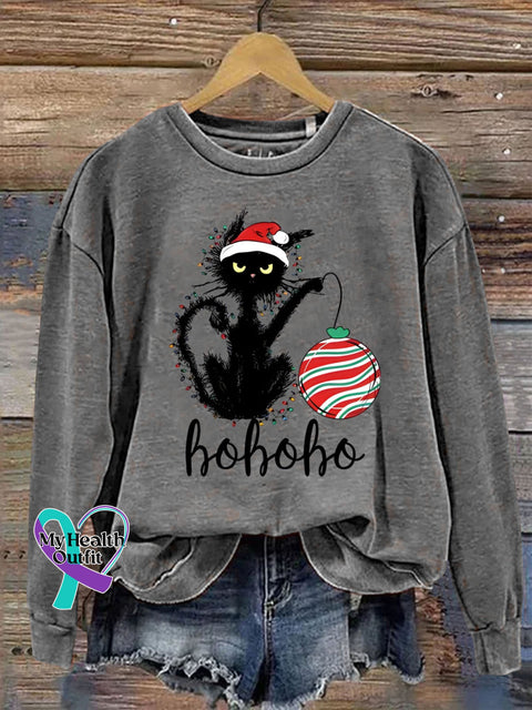 Christmas Black Cat Ho Funny Print Casual Sweatshirt Grey / S
