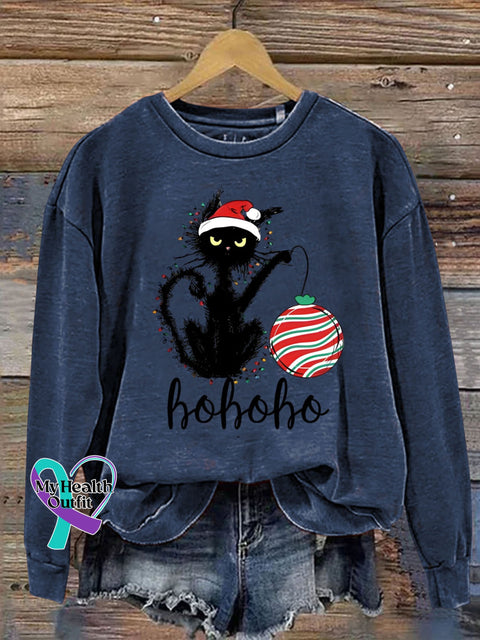 Christmas Black Cat Ho Funny Print Casual Sweatshirt Navyblue / S
