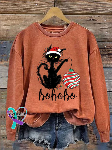 Christmas Black Cat Ho Funny Print Casual Sweatshirt Orange / S