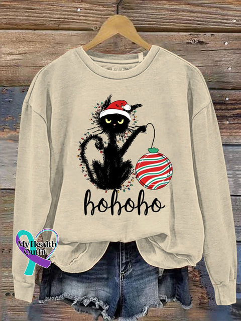 Christmas Black Cat Ho Funny Print Casual Sweatshirt Sand / S