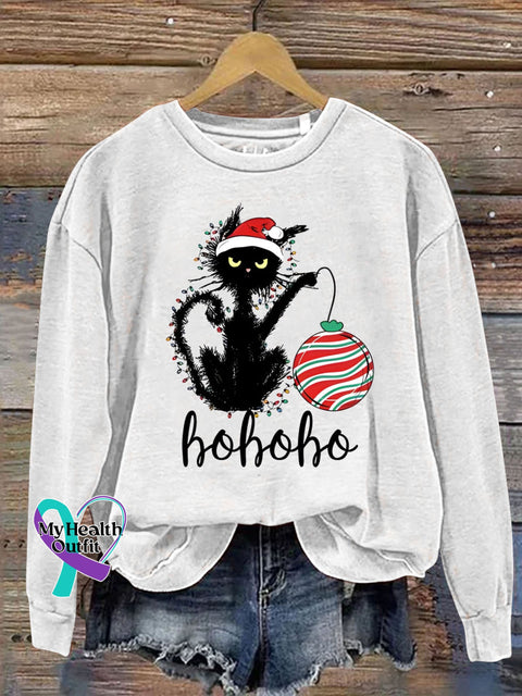 Christmas Black Cat Ho Funny Print Casual Sweatshirt White / S