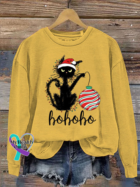 Christmas Black Cat Ho Funny Print Casual Sweatshirt Yellow / S