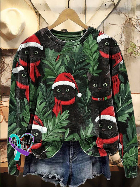 Christmas Black Cat In Holly Leaf Santa Hat Casual Sweatshirt Multicolor / S