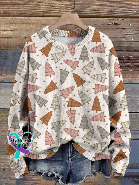 Christmas Bohemian Tree Seamless Round Neck Trendy Retro Casual Printed Sweater Multicolor / S