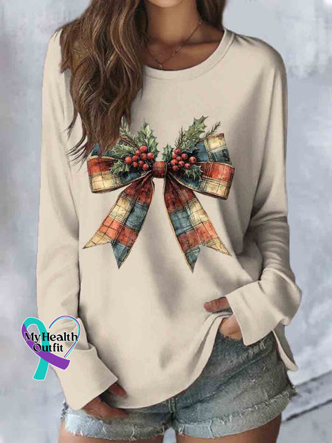 Christmas Bow Art Print Casual Long Sleeve Top Apricot / S