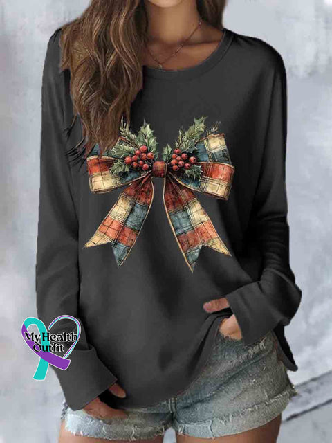 Christmas Bow Art Print Casual Long Sleeve Top Black / S