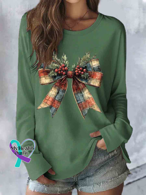 Christmas Bow Art Print Casual Long Sleeve Top Green / S