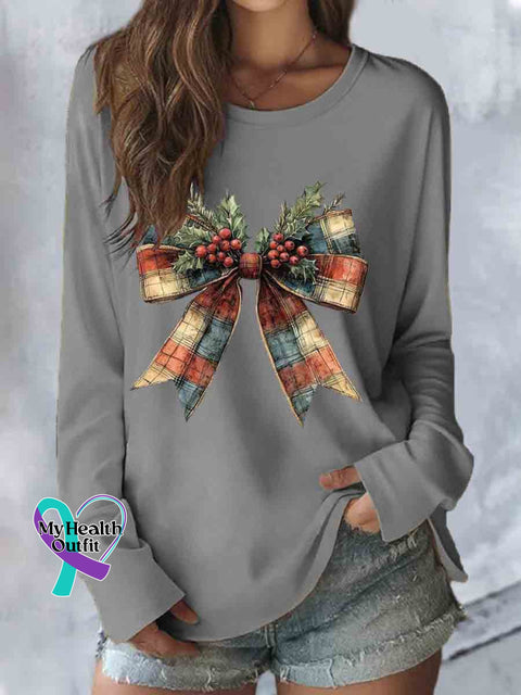 Christmas Bow Art Print Casual Long Sleeve Top Grey / S