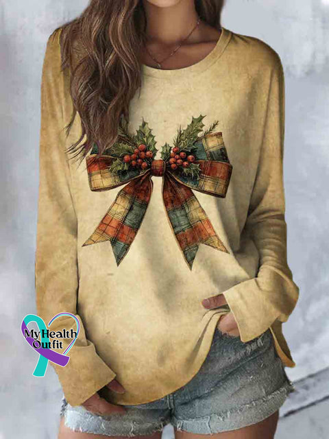 Christmas Bow Art Print Casual Long Sleeve Top Khaki / S