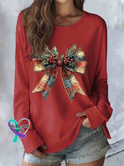 Christmas Bow Art Print Casual Long Sleeve Top Red / S