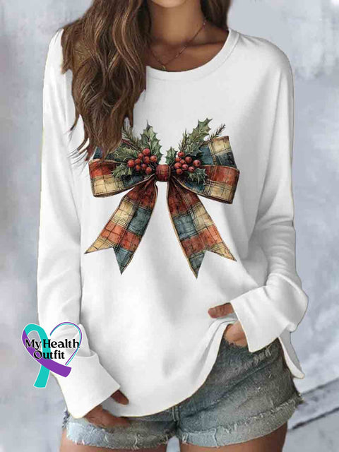 Christmas Bow Art Print Casual Long Sleeve Top White / S