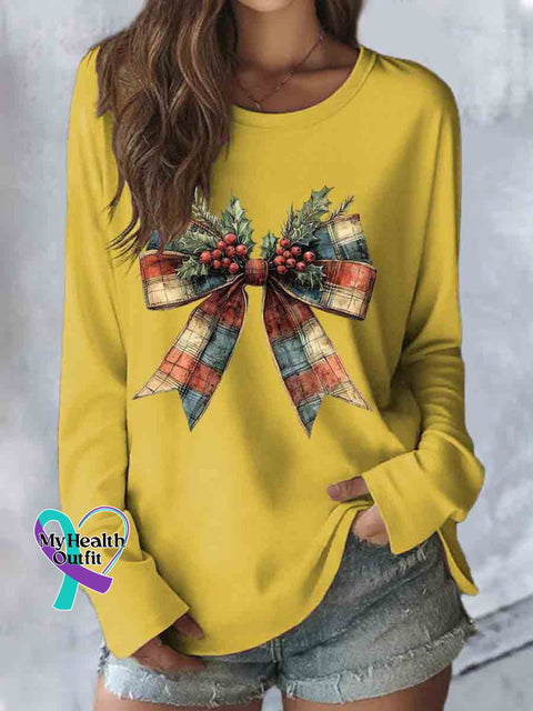 Christmas Bow Art Print Casual Long Sleeve Top Yellow / S