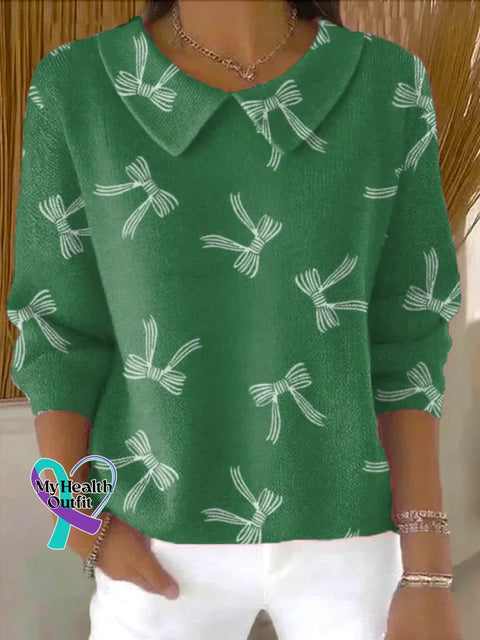 Christmas Bow Tie Casual Peter Pan Collar 3/4 Sleeve Sweater Multicolor / S