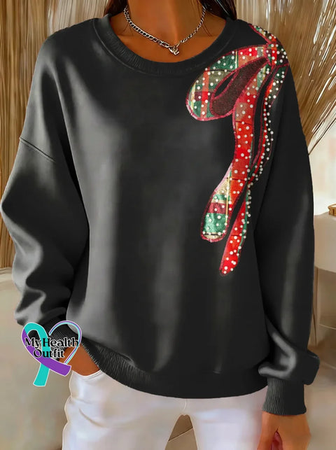 Christmas Bow Tie Print Casual Sweatshirt Black / S
