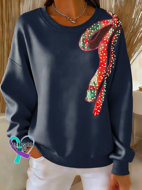 Christmas Bow Tie Print Casual Sweatshirt Blue / S