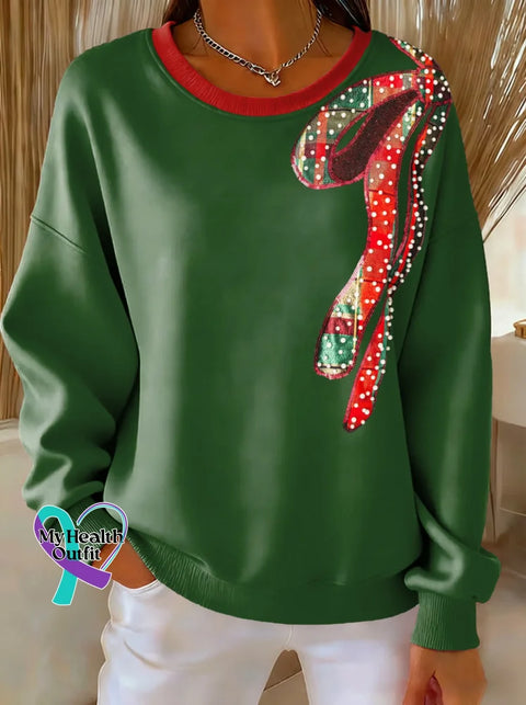 Christmas Bow Tie Print Casual Sweatshirt Green / S