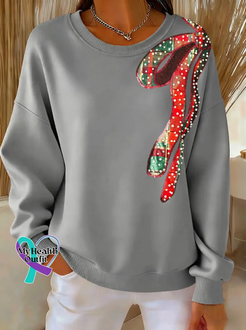 Christmas Bow Tie Print Casual Sweatshirt Grey / S