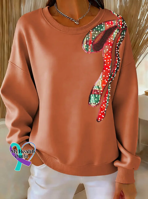 Christmas Bow Tie Print Casual Sweatshirt Orange / S