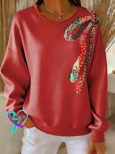 Christmas Bow Tie Print Casual Sweatshirt Red / S