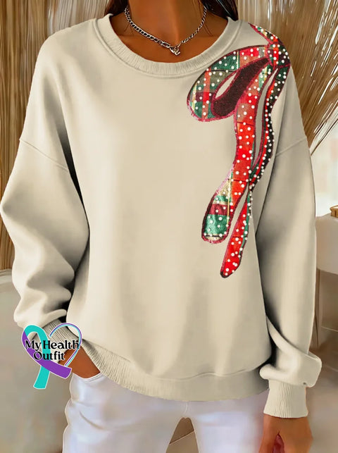 Christmas Bow Tie Print Casual Sweatshirt Sand / S