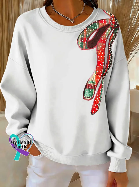 Christmas Bow Tie Print Casual Sweatshirt White / S
