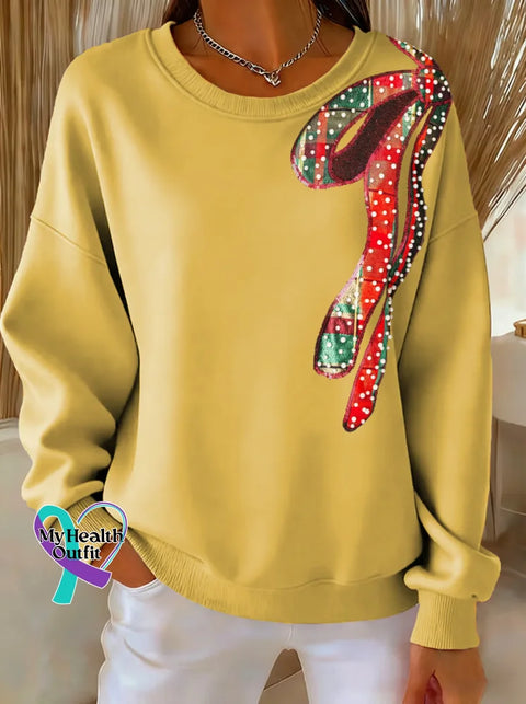 Christmas Bow Tie Print Casual Sweatshirt Yellow / S