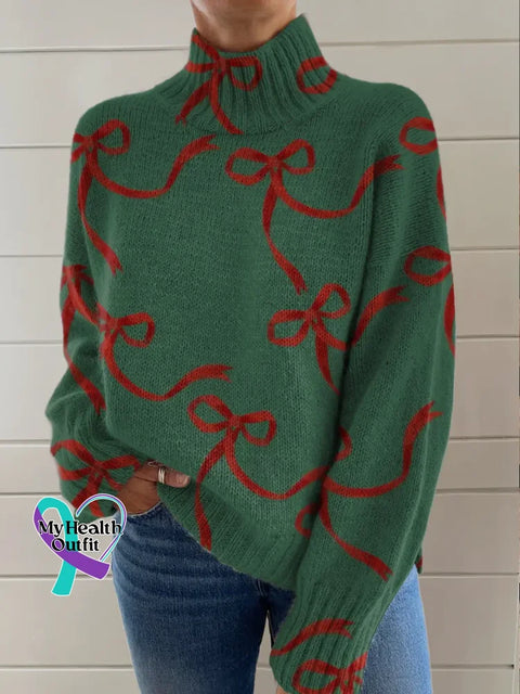 Christmas Bow Tie Print Knit Turtleneck Pullover Sweater Multicolor / S