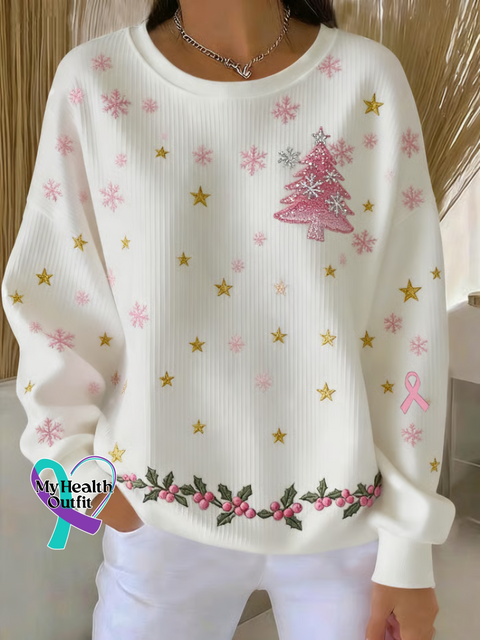 Christmas Breast Cancer Awareness Print Casual Sweatshirt Multicolor / S