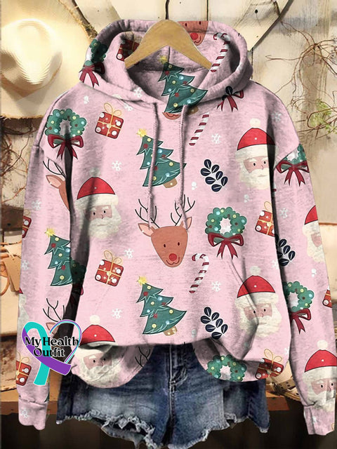 Christmas Candy Cane Pink Santa Claus Gift Reindeer Hooded Casual Sweatshirt Multicolor / S