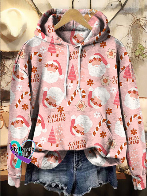 Christmas Candy Cane Pink Santa Claus Hooded Casual Sweatshirt Multicolor / S