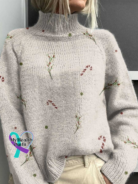 Christmas Candy Cane Print Knit Turtleneck Pullover Sweater Multicolor / S