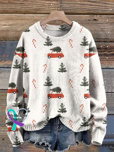 Christmas Candy Cane Tree Print Knit Pullover Sweater