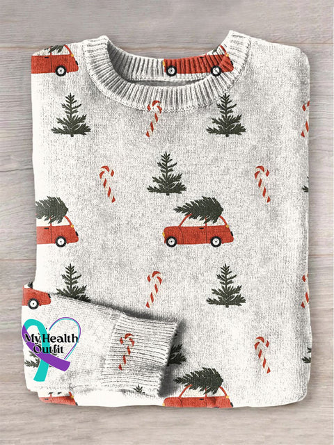 Christmas Candy Cane Tree Print Knit Pullover Sweater Multicolor / S